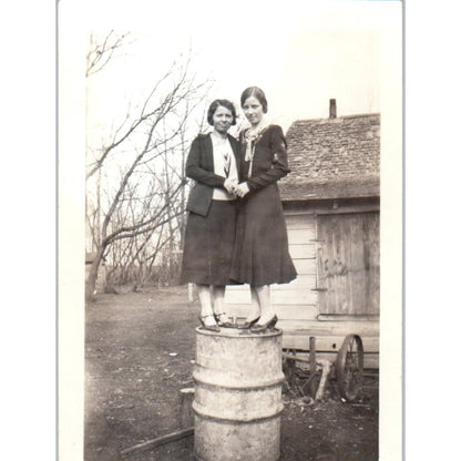 Antique 2x3 Photograph 2 Young Ladies Standing on Top of an Oil Drum PX2