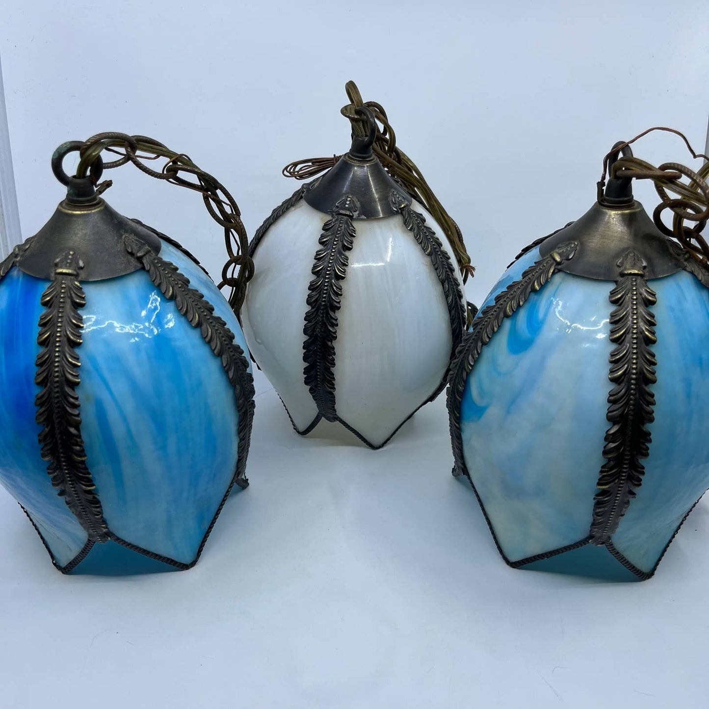 Stunning MCM Set of 3 Blue & White Slag Glass TULIP Hanging Pendant Light Lamps