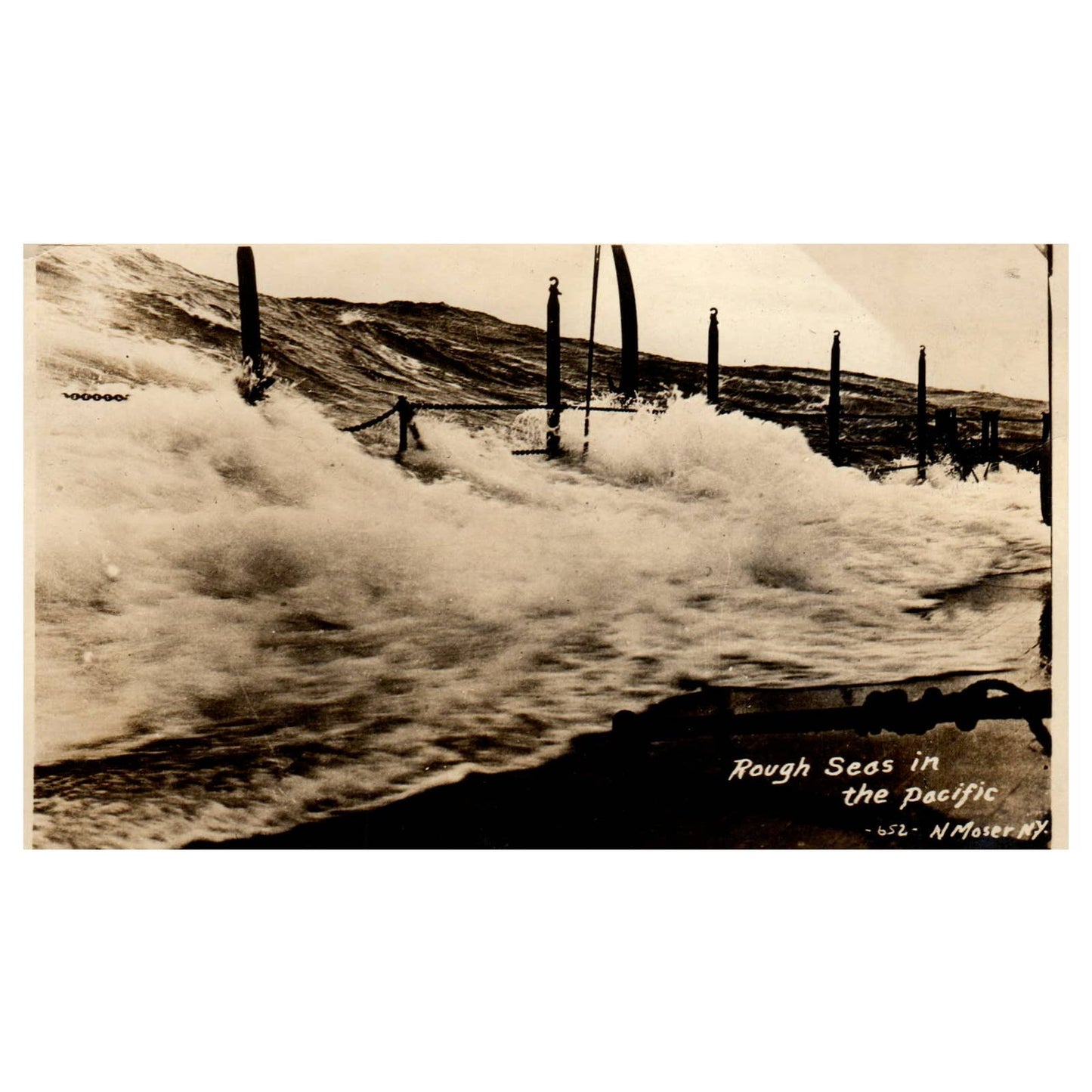 WWI Battleship Scene - Rough Seas in the Pacific - Original Postcard RPPC TJ8-4