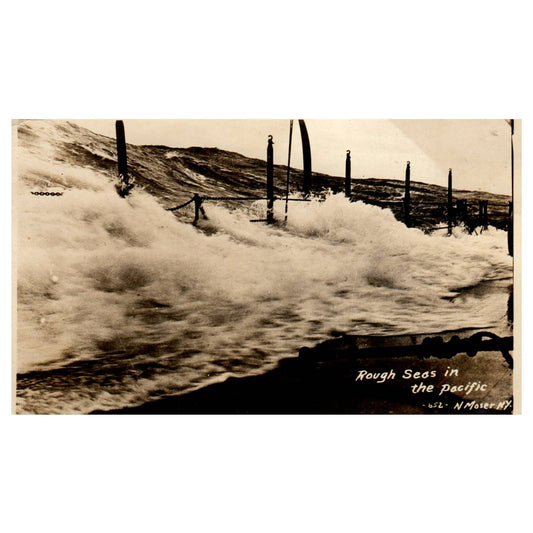 WWI Battleship Scene - Rough Seas in the Pacific - Original Postcard RPPC TJ8-4