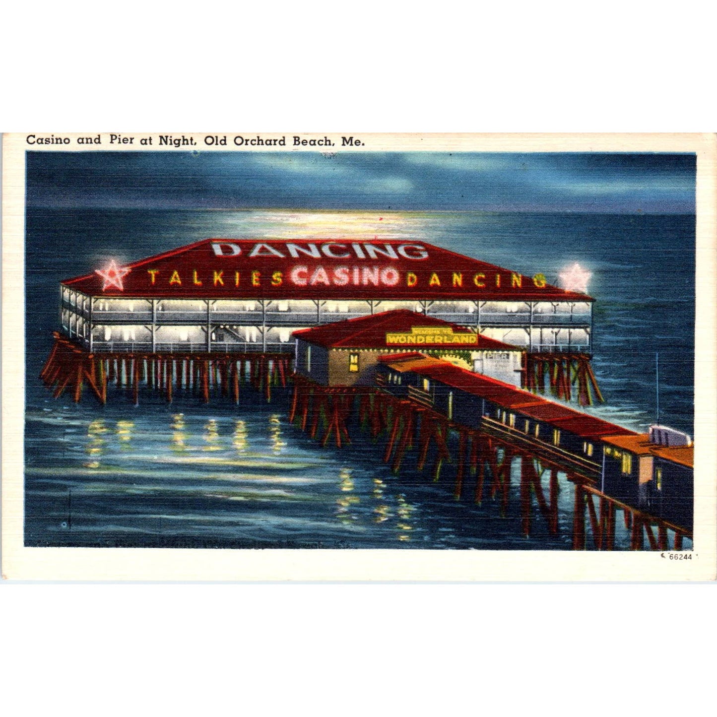 Casino and Pier at Night Old Orchard Beach ME - Original Postcard TJ7-RP3