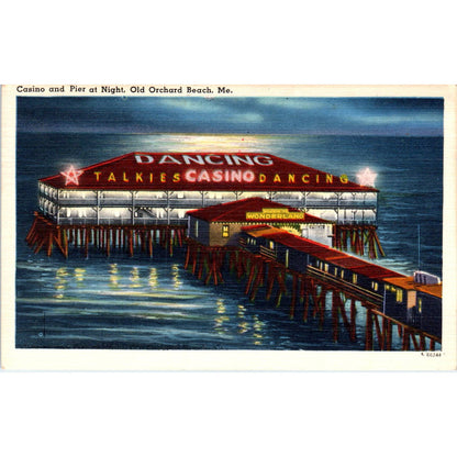 Casino and Pier at Night Old Orchard Beach ME - Original Postcard TJ7-RP3
