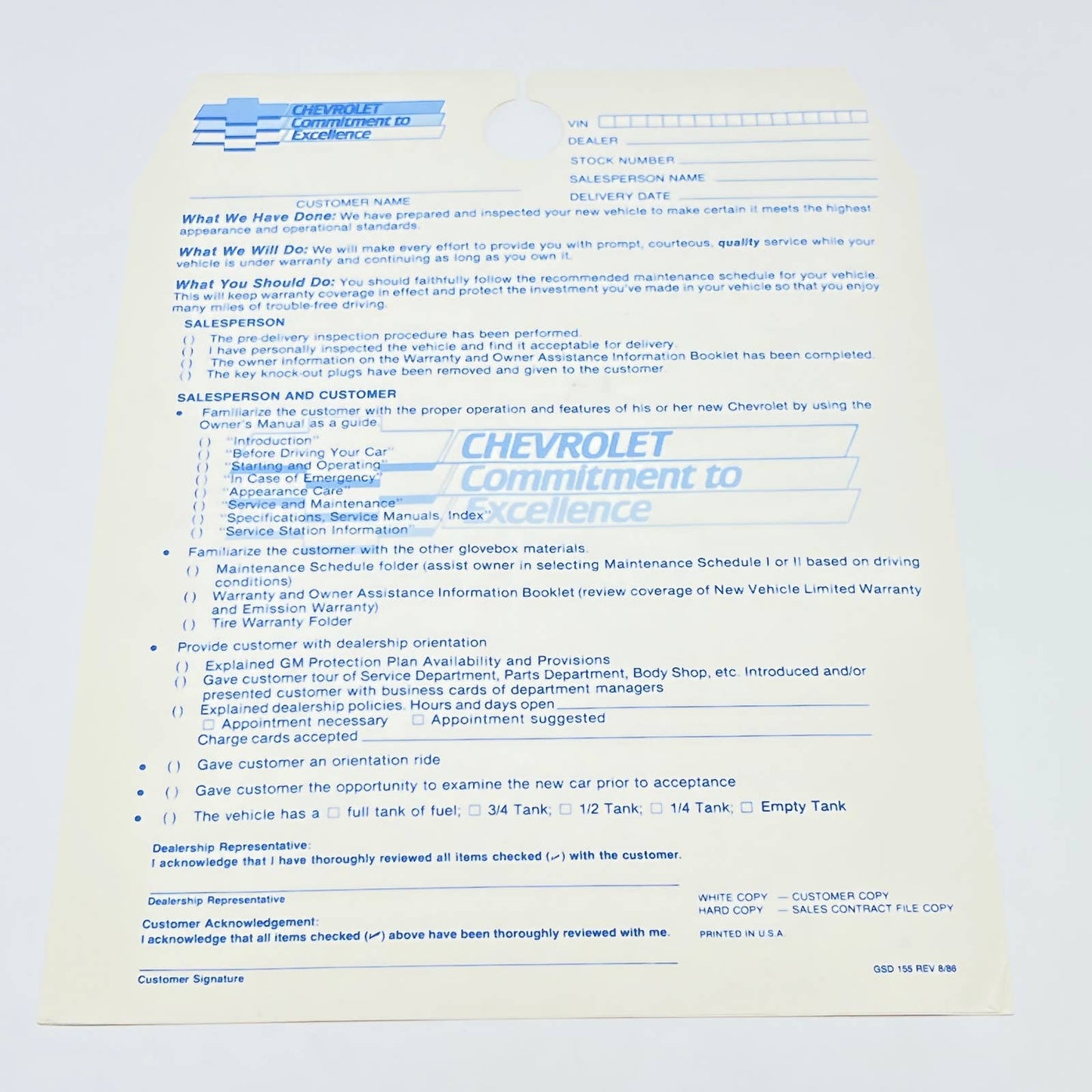 1986 Chevrolet Dealer New Car Inspection Checklist Hang Tag Blank AB7