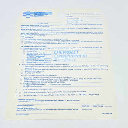 1986 Chevrolet Dealer New Car Inspection Checklist Hang Tag Blank AB7