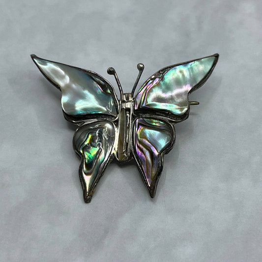 Vintage Silver & Abalone Butterfly Brooch Pin Mexico SE6
