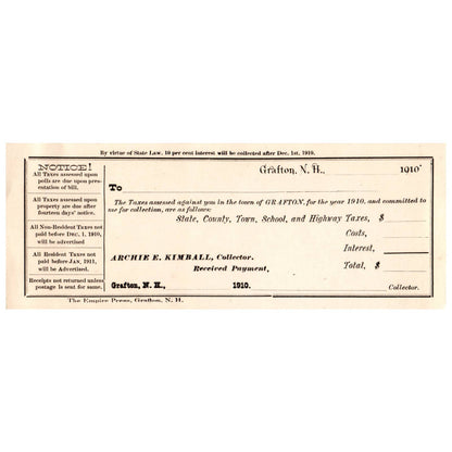 1910 Grafton NH Tax Collection Receipt Form Billhead Empire Press SE4