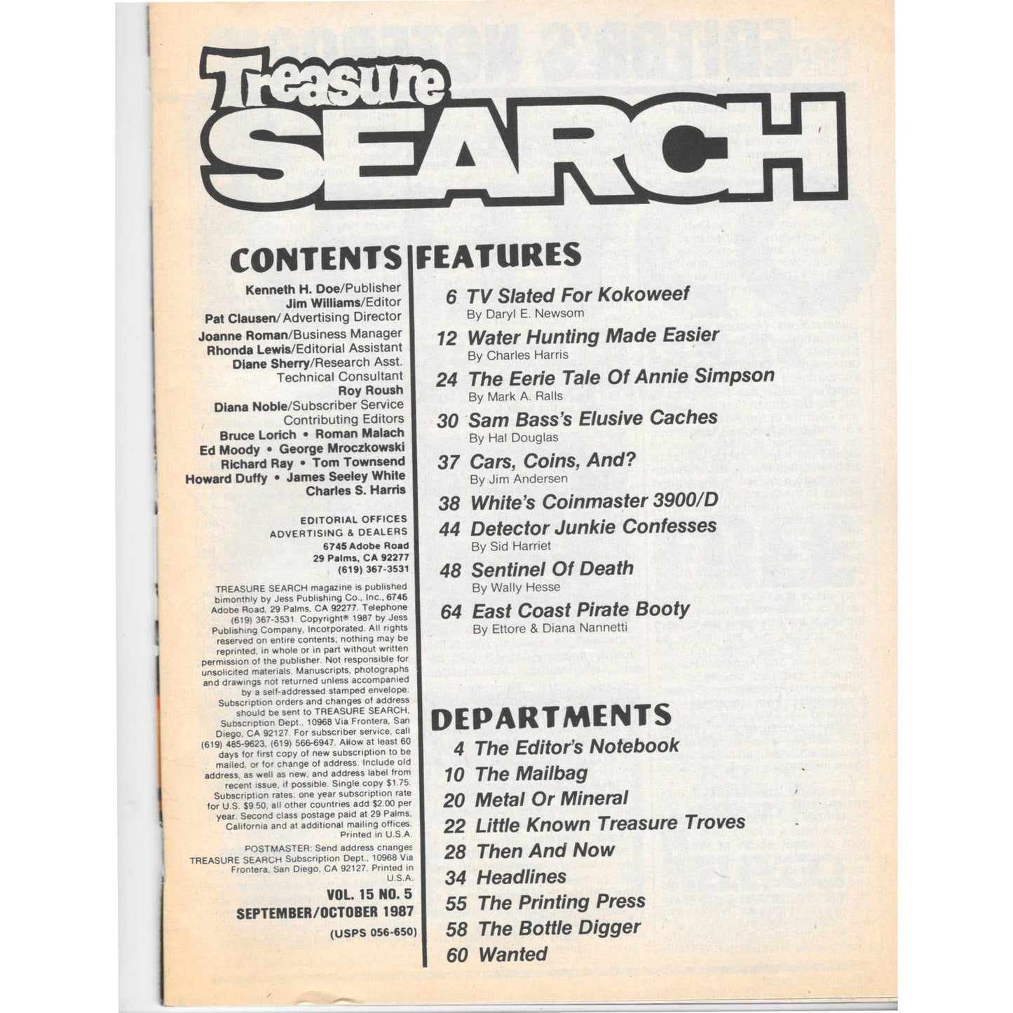 Treasure Search Magazine 1987 Sept/Oct Metal Detecting Gold Diamonds M2