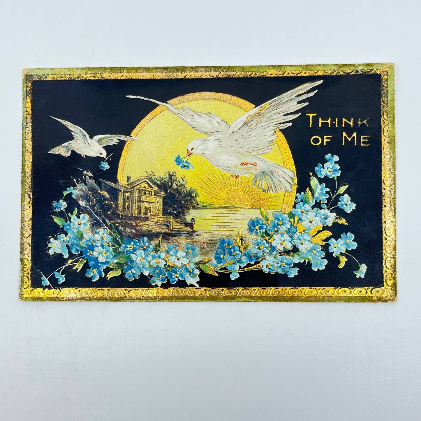 1910s Postcard Dresden Gilt Gloss Doves Forget Me Not SC9
