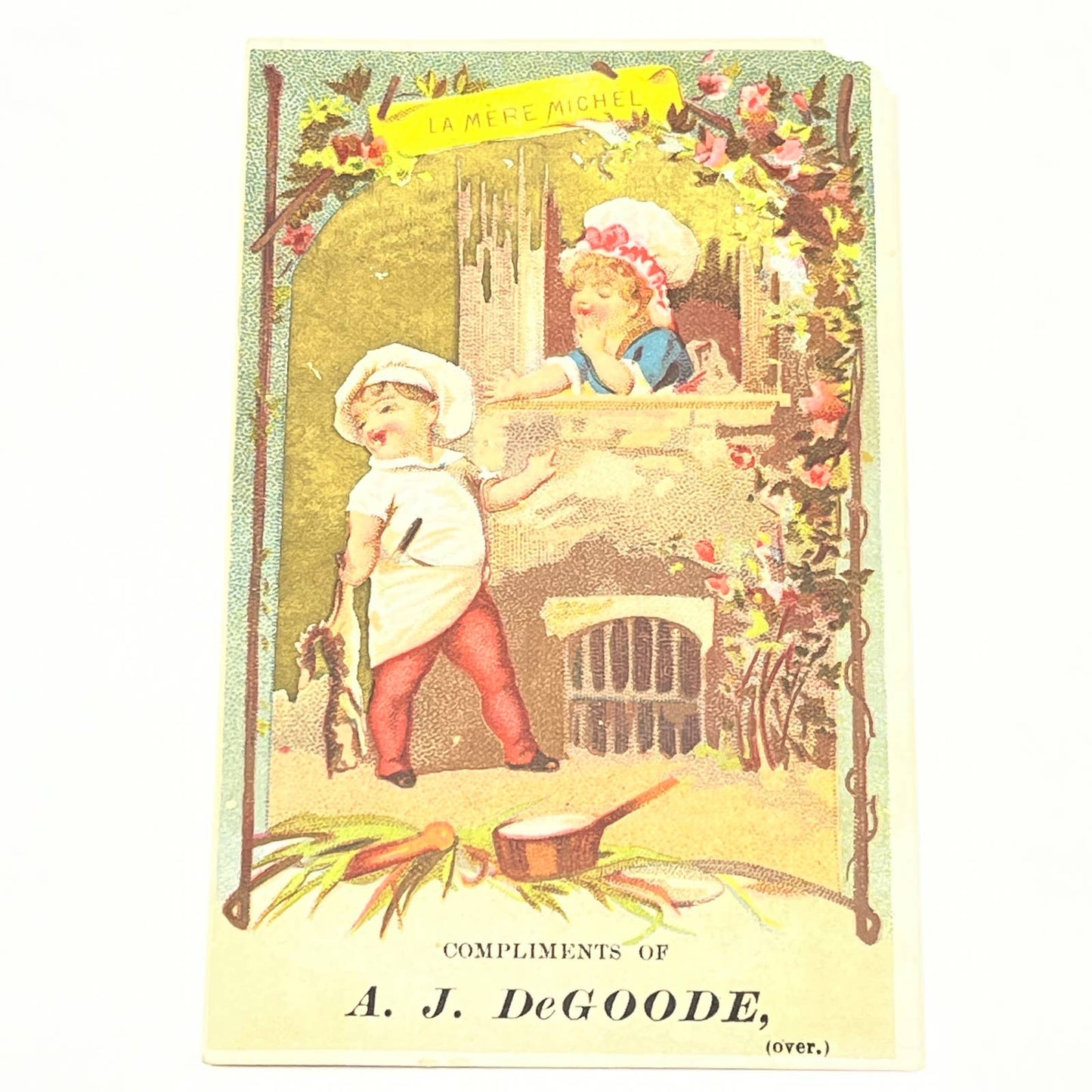 1880s Victorian Trade Card French Children A.J. DeGoode Cigars Brooklyn NY AB6