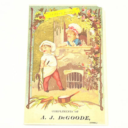 1880s Victorian Trade Card French Children A.J. DeGoode Cigars Brooklyn NY AB6