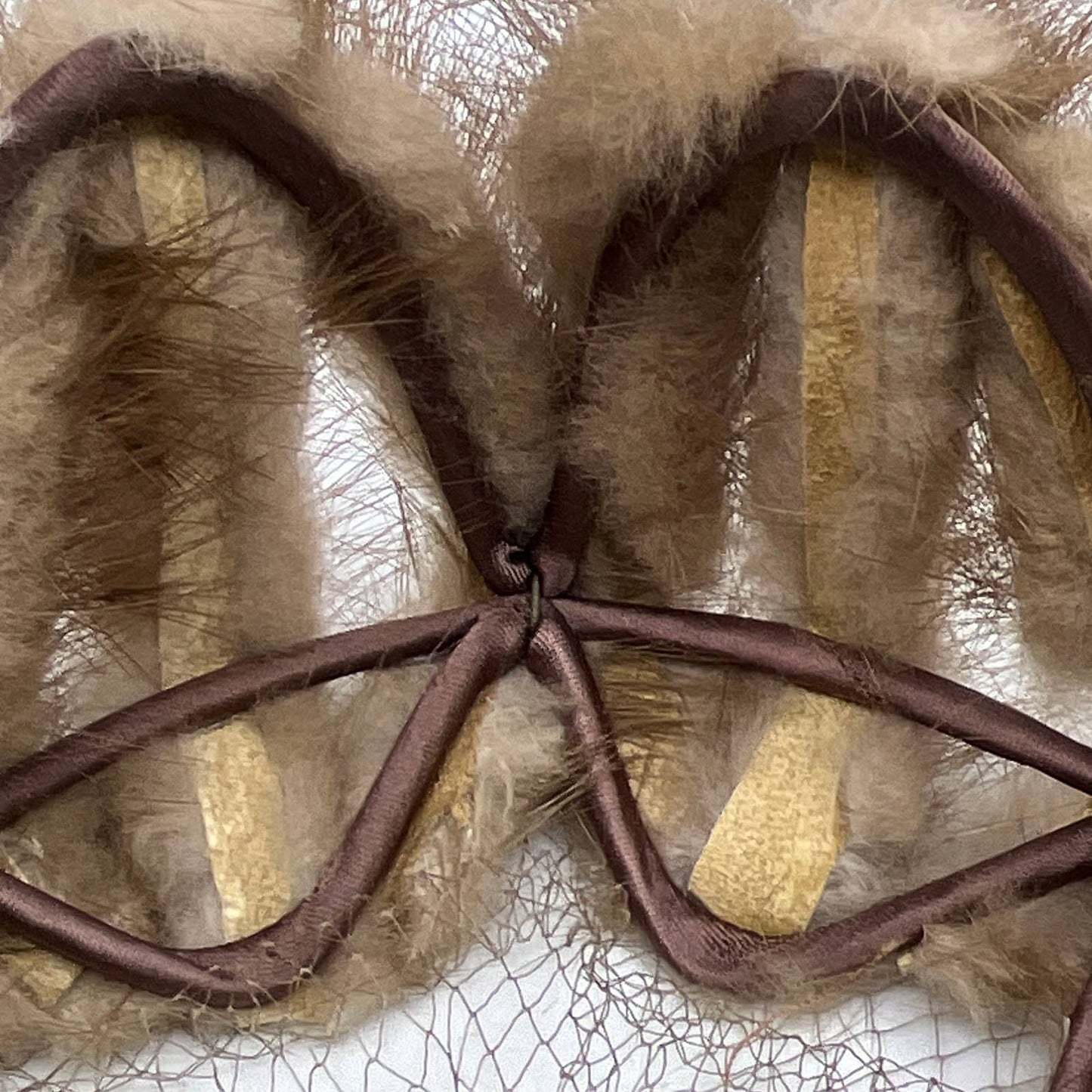 Vintage Beige Mink Fur Fascinator Champagne Satin Ribbon With Veil Cage TI4