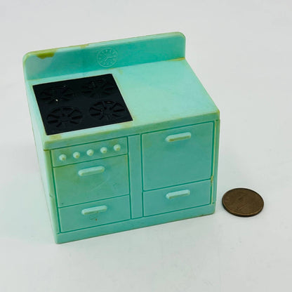 Vintage RENEWAL Dollhouse Celluloid Teal Kitchen Stove Oven Burner 2.5 x 3” TD2