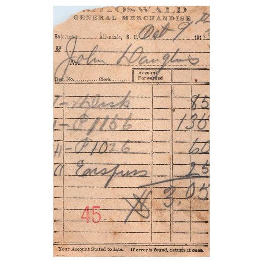 1913 J.L. Oswald General Merchandise Billhead Receipt Allendale SC SE4-2