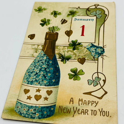 1908 Christmas New Year’s Post Card Champagne Clover Dresden Gilt Flowers PA3