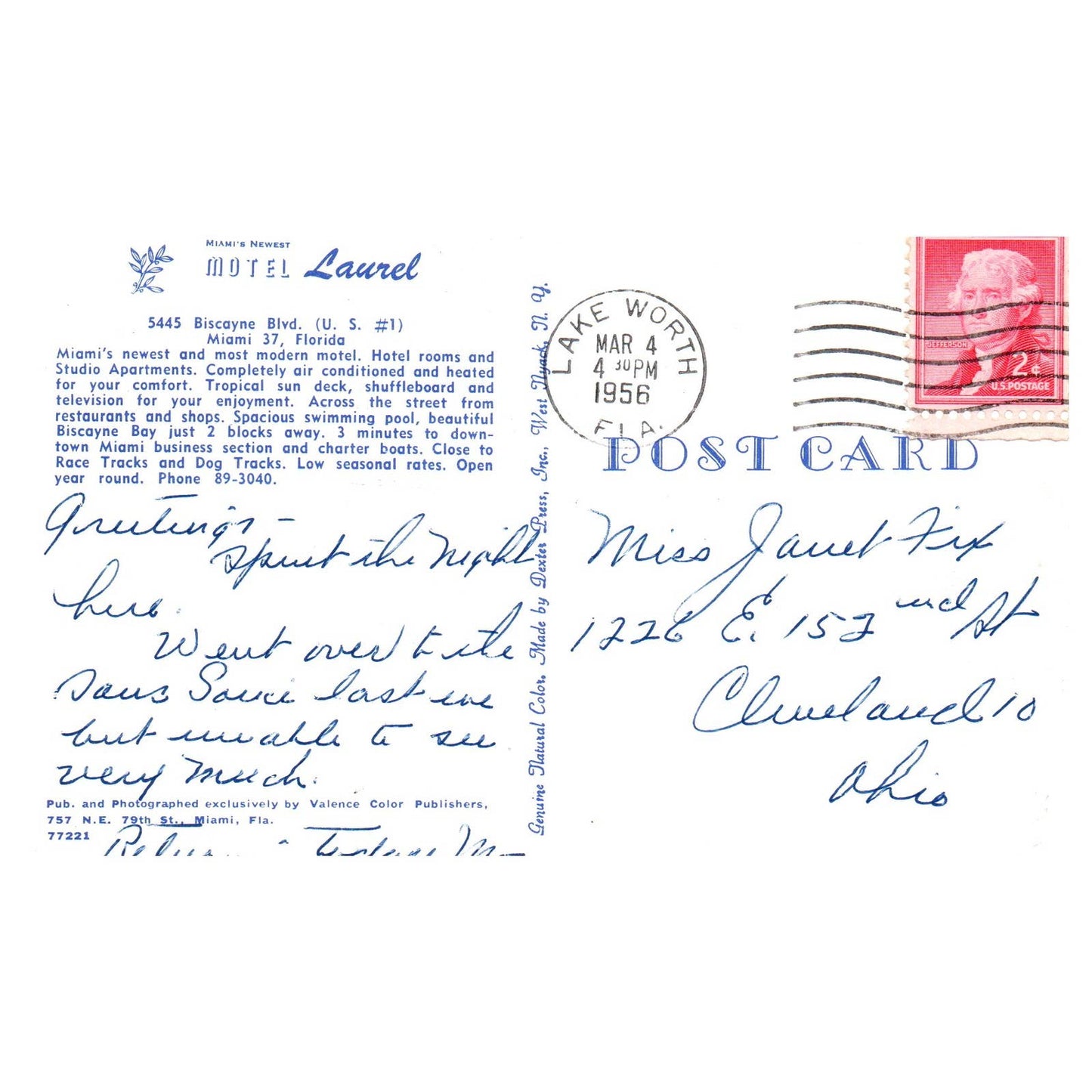 Motel Laurell Biscayne Blvd Miami Florida 1956 - Postcard TJ8-1