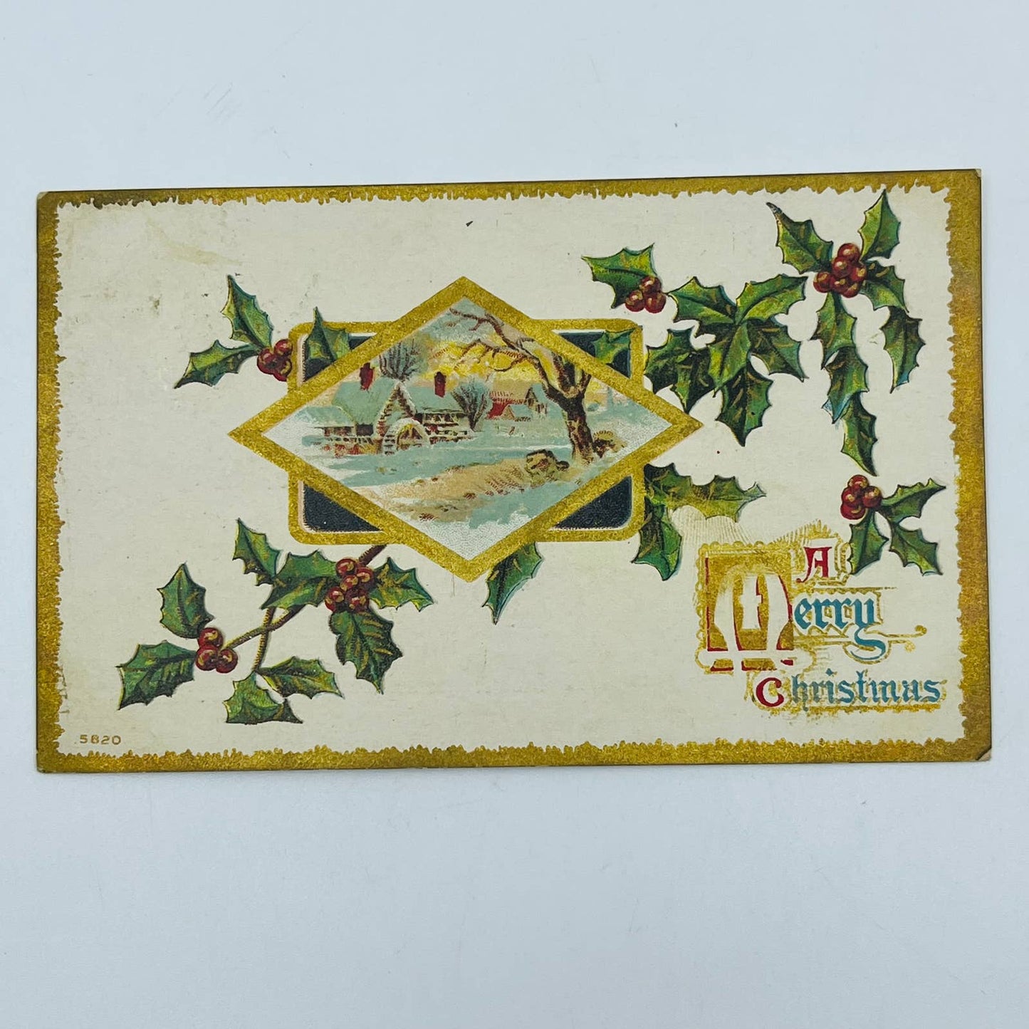 1910s Christmas Post Card Embossed Cottage Mill Farm Snow Holly Gilt PA4