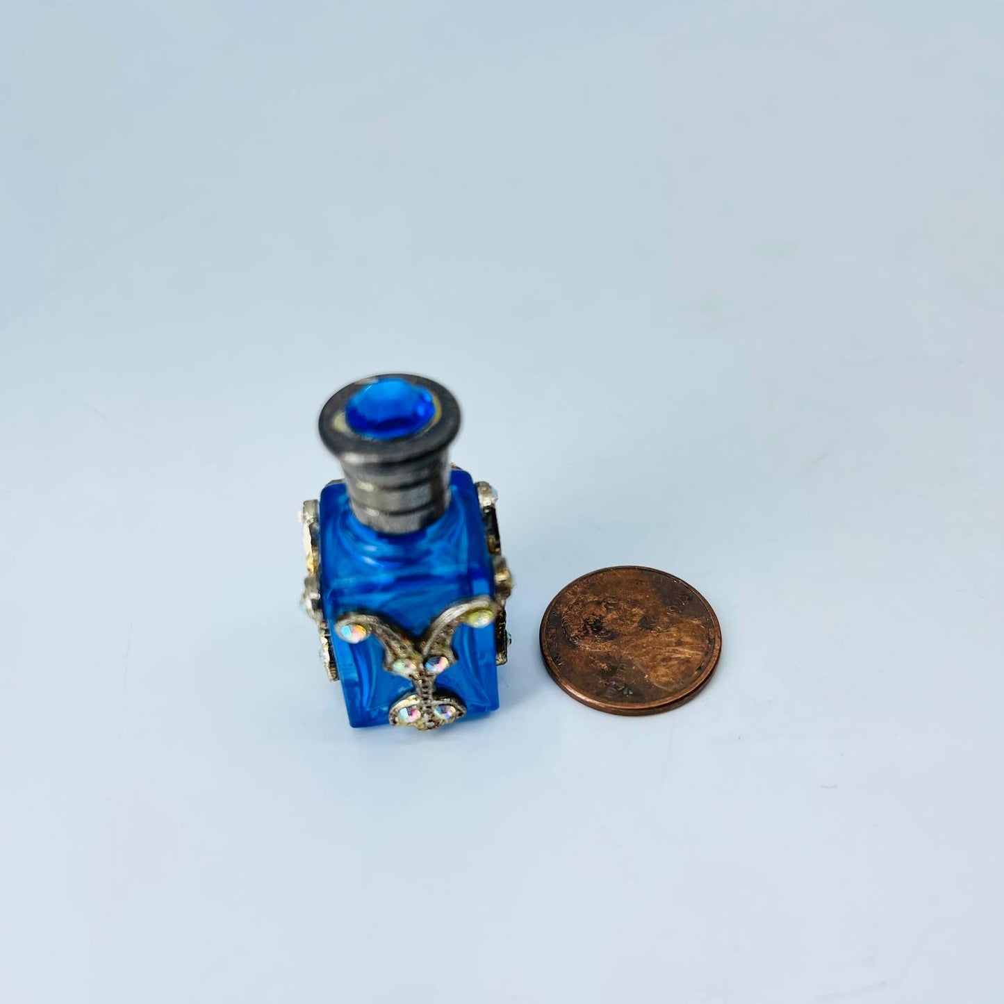 Vintage Mini Cobalt Blue Rhinestone Perfume Bottle 1 1/4” SA6