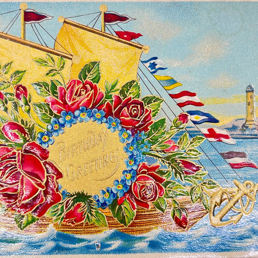 1910s Postcard Birthday Embossed Clipper Ship Lighthouse Gilt SC9