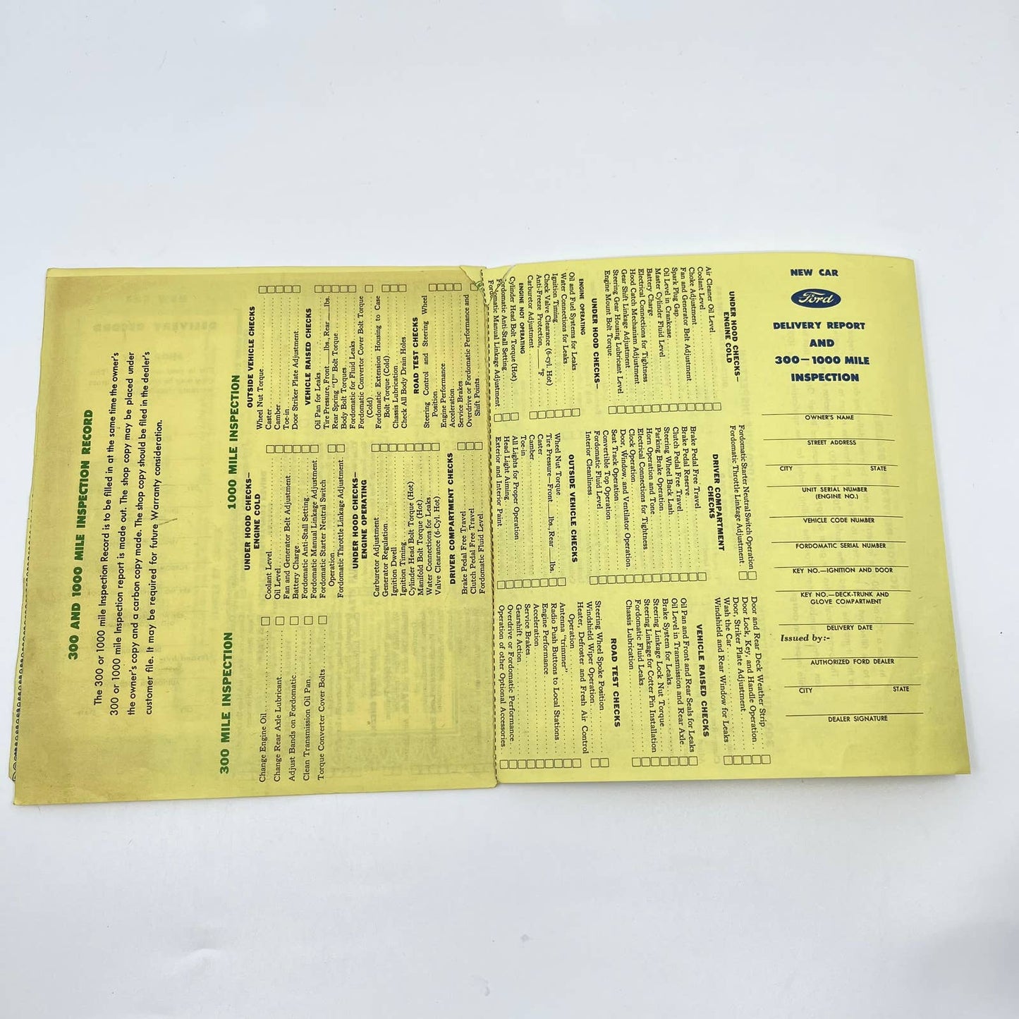 1950s Authorized Ford Dealer Service Policy Warranty Deed Inspection Sheet AA7