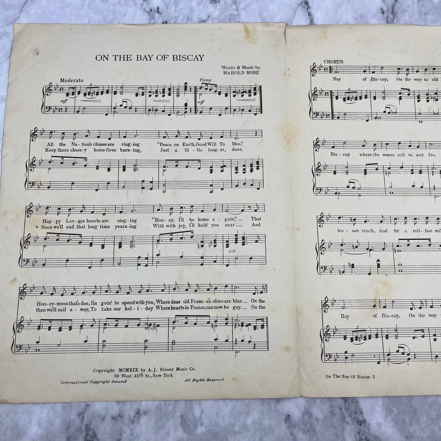 On the Bay of Biscay, by Harold Robe 1919 Sheet Music TH5-2