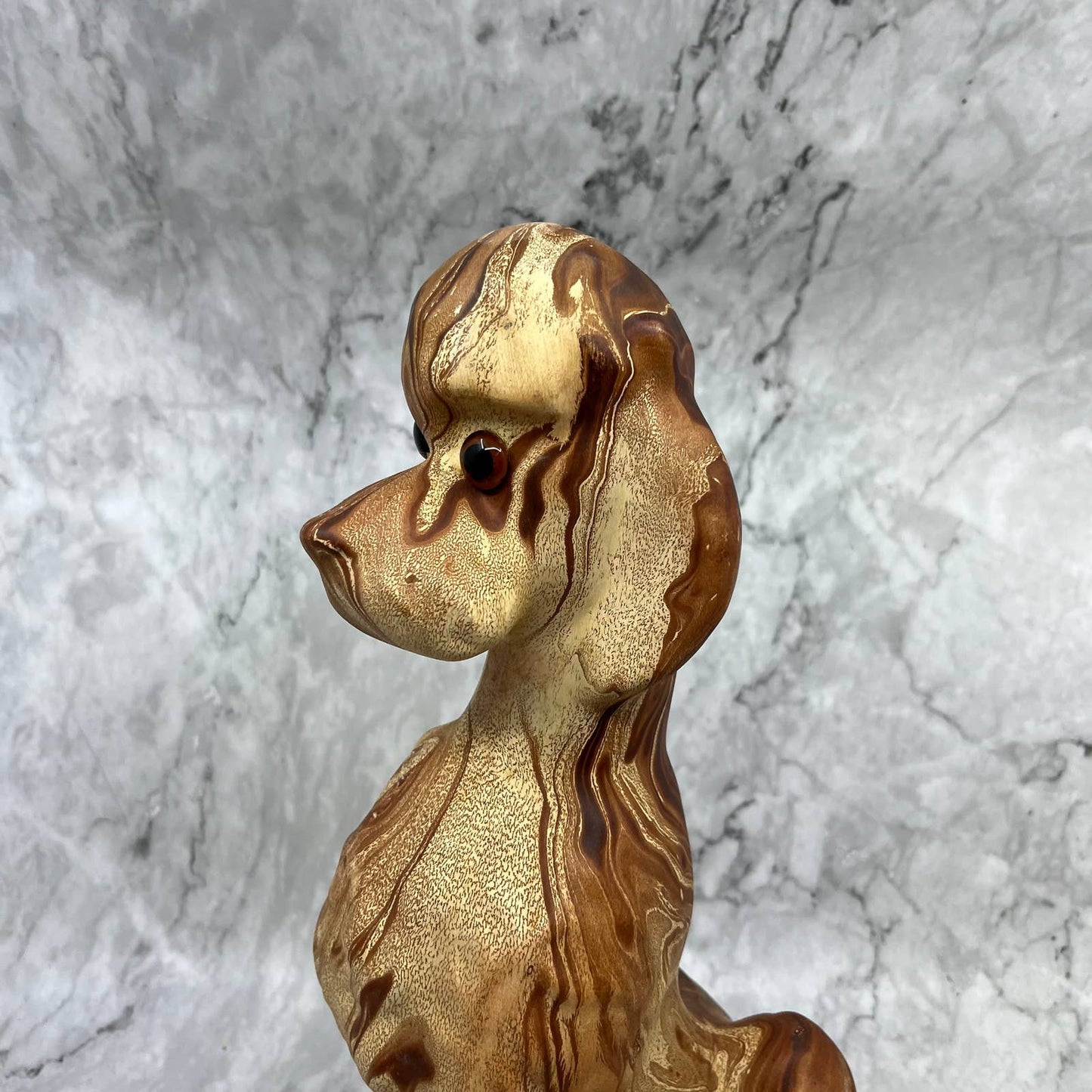 Vintage Pottery Poodle Dog Sculpture 14” Brown Swirl Orange Eyes TJ2-2