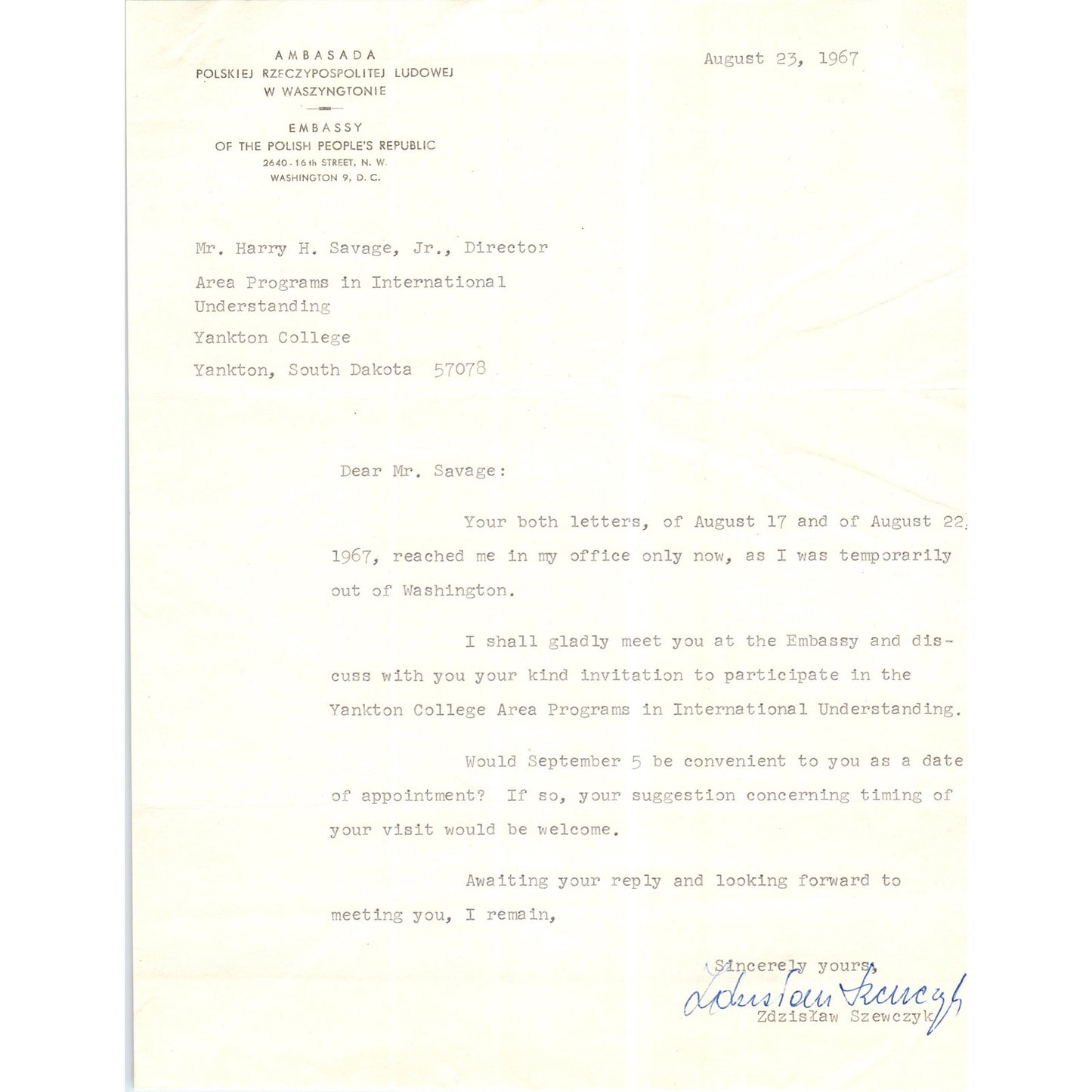Embassy of The Polish People's Republic Letterhead Memo 1967 B16
