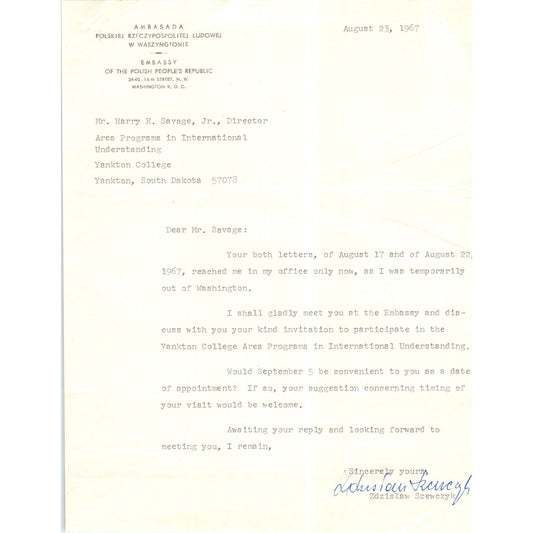 Embassy of The Polish People's Republic Letterhead Memo 1967 B16