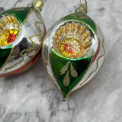 Lot of 3 Vtg Recessed Teardrop Mica Stencil Blown Mercury Glass Ornaments OT2