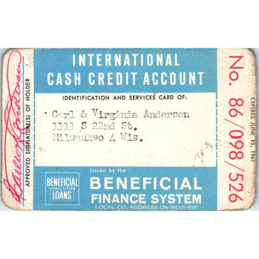 1961 Beneficial Finance System Cash Credit Account Card Milwaukee Obsolete SE5