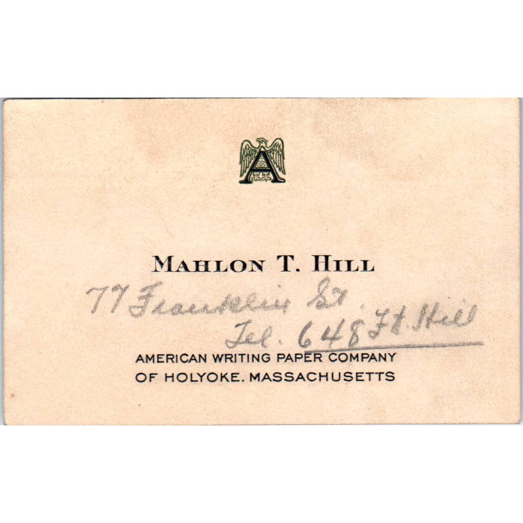 Mahlon T. Hill American Writing Paper Co Holyoke MA Vintage Business Card TK2-CC
