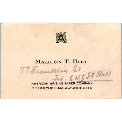 Mahlon T. Hill American Writing Paper Co Holyoke MA Vintage Business Card TK2-CC