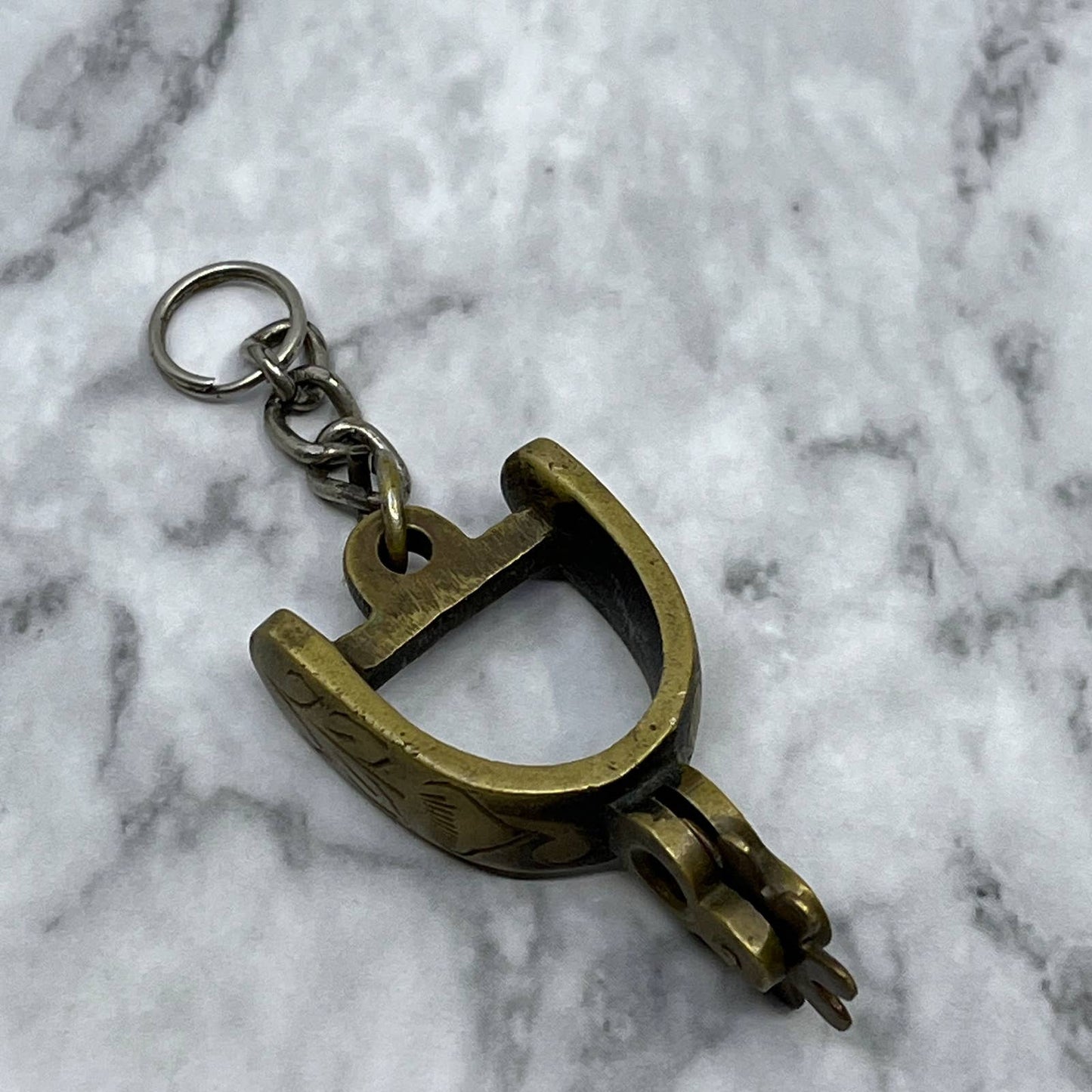 Vintage Brass Western Cowboy Boot Spur Etched Keychain SA2