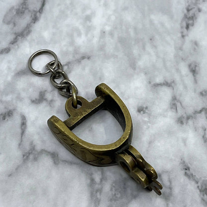 Vintage Brass Western Cowboy Boot Spur Etched Keychain SA2