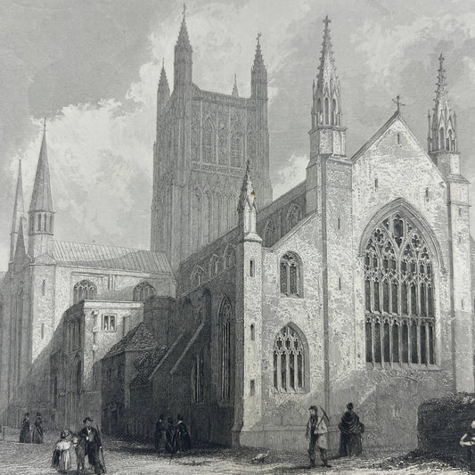 1842 Original Art Engraving Worcester Cathedral - North West View AC6