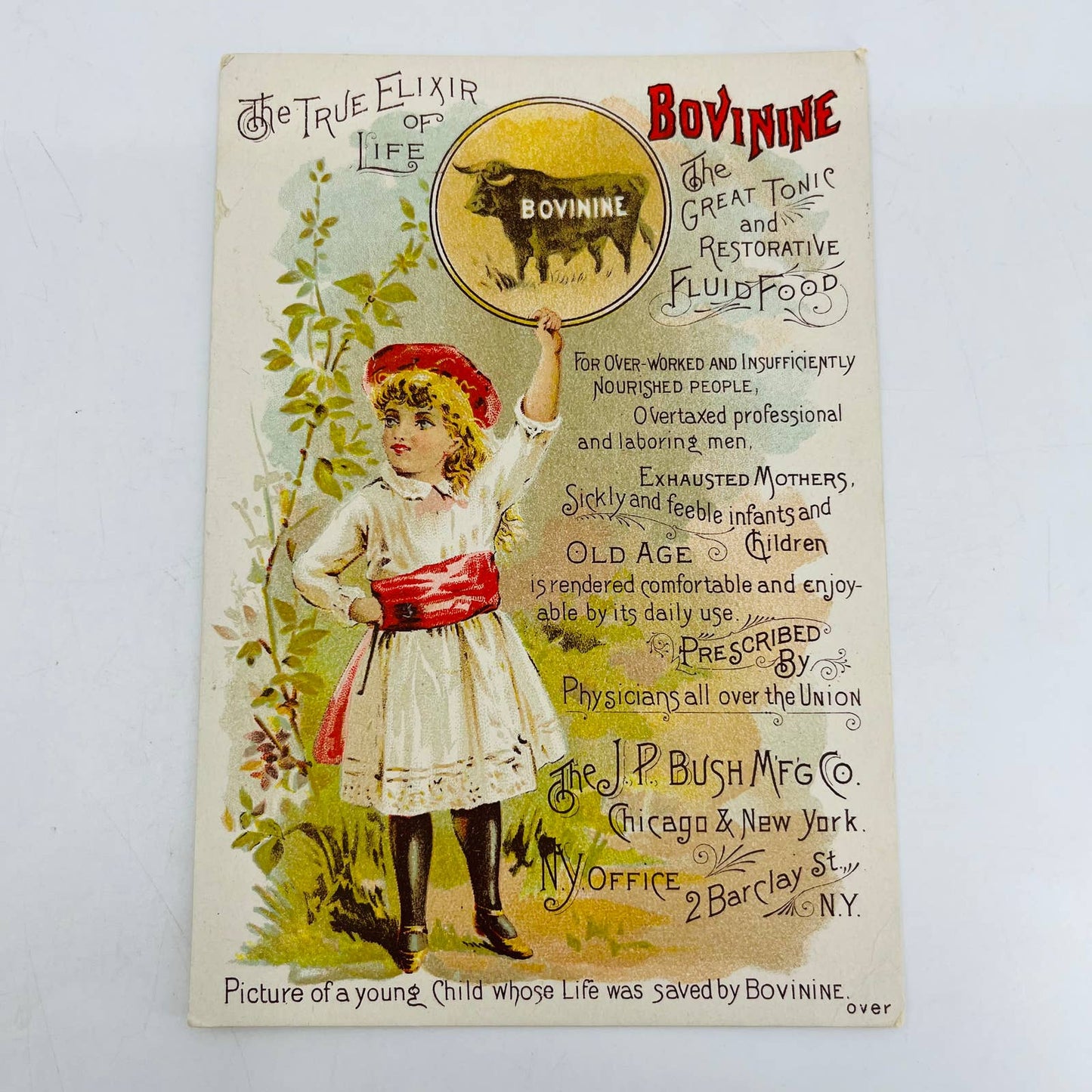 1885 Victorian Trade Card Bovinine The True Elixir of Life Quack Medicine AA3