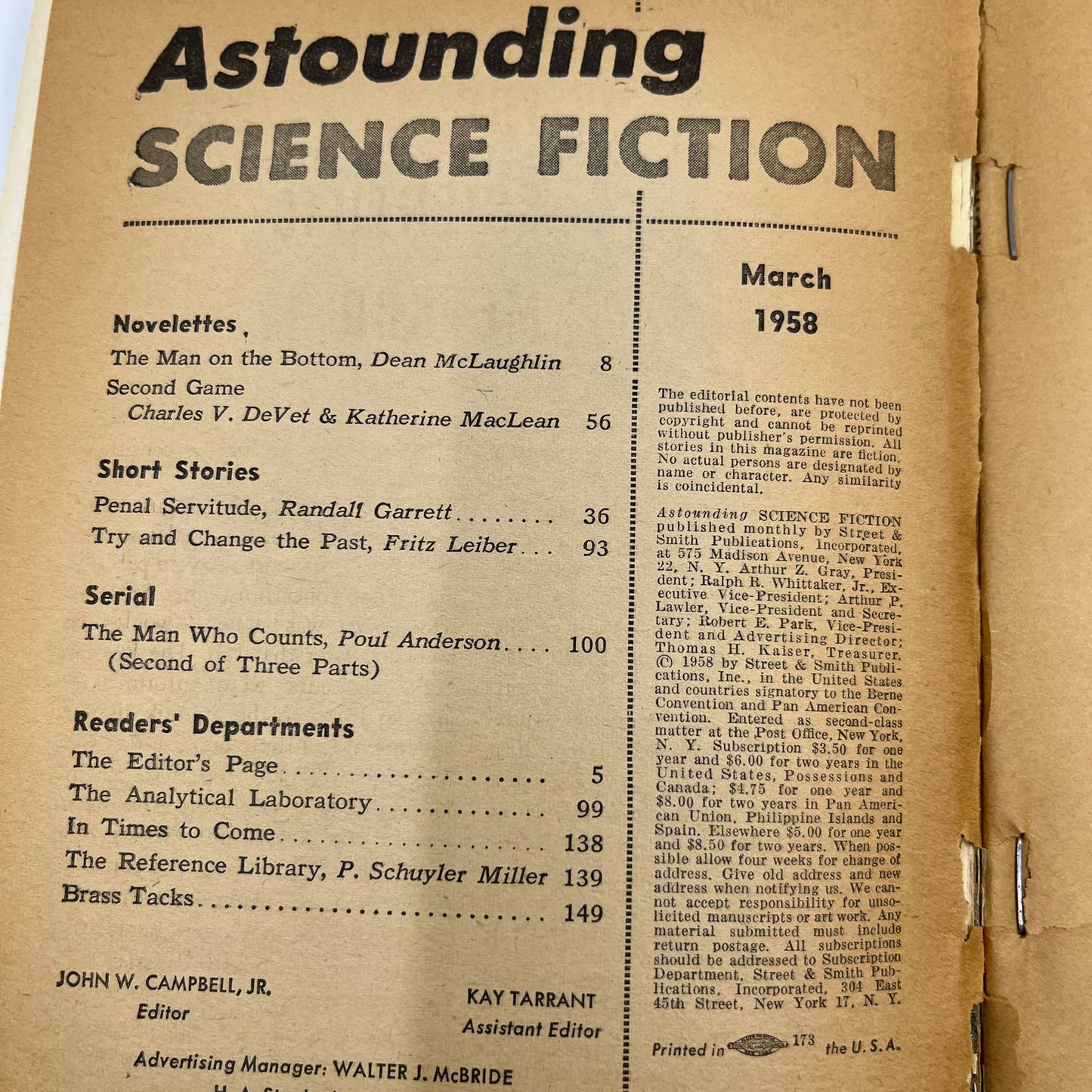 1958 March ASTOUNDING Science Fiction Digest Magazine Dean McLaughlin TC1