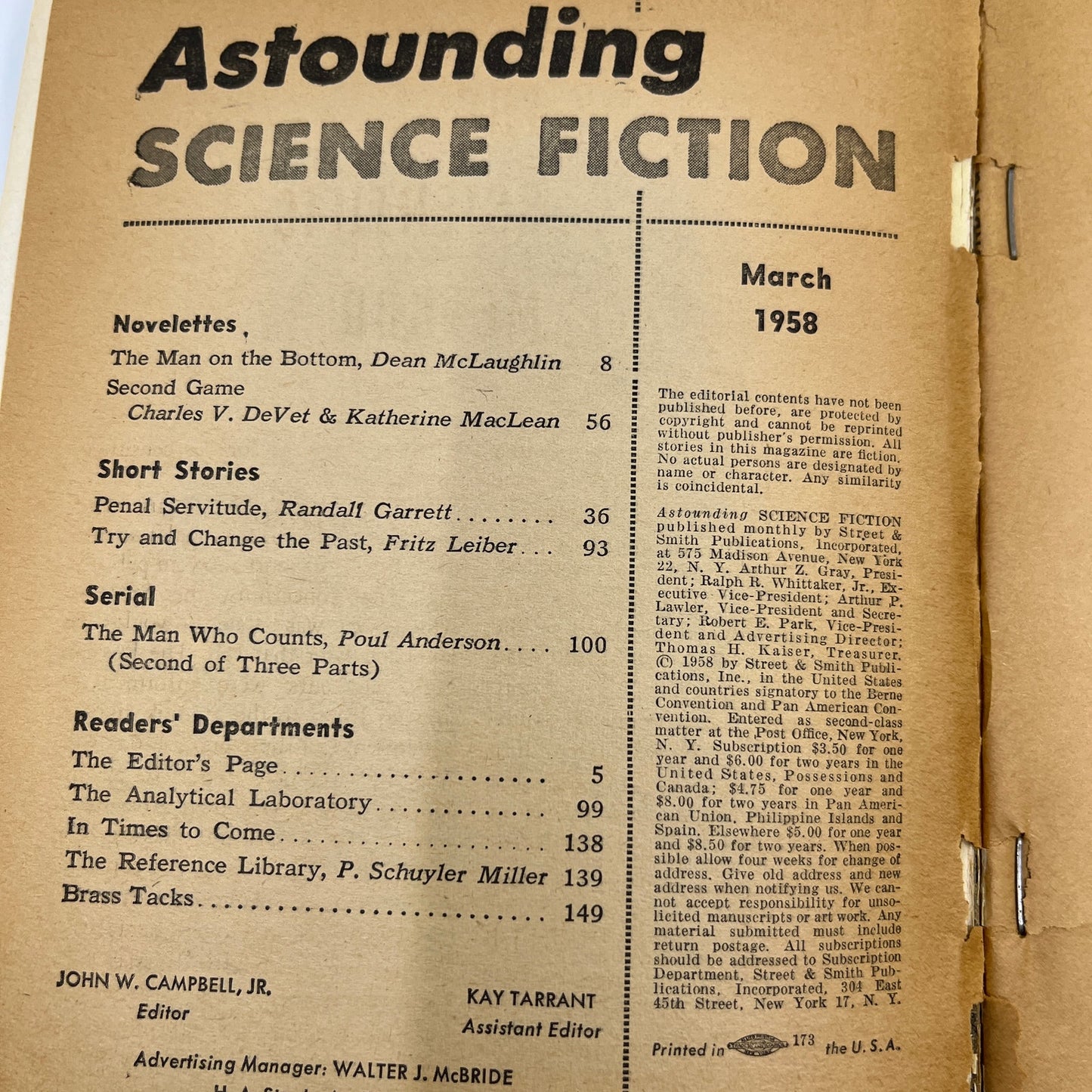 1958 March ASTOUNDING Science Fiction Digest Magazine Dean McLaughlin TH9