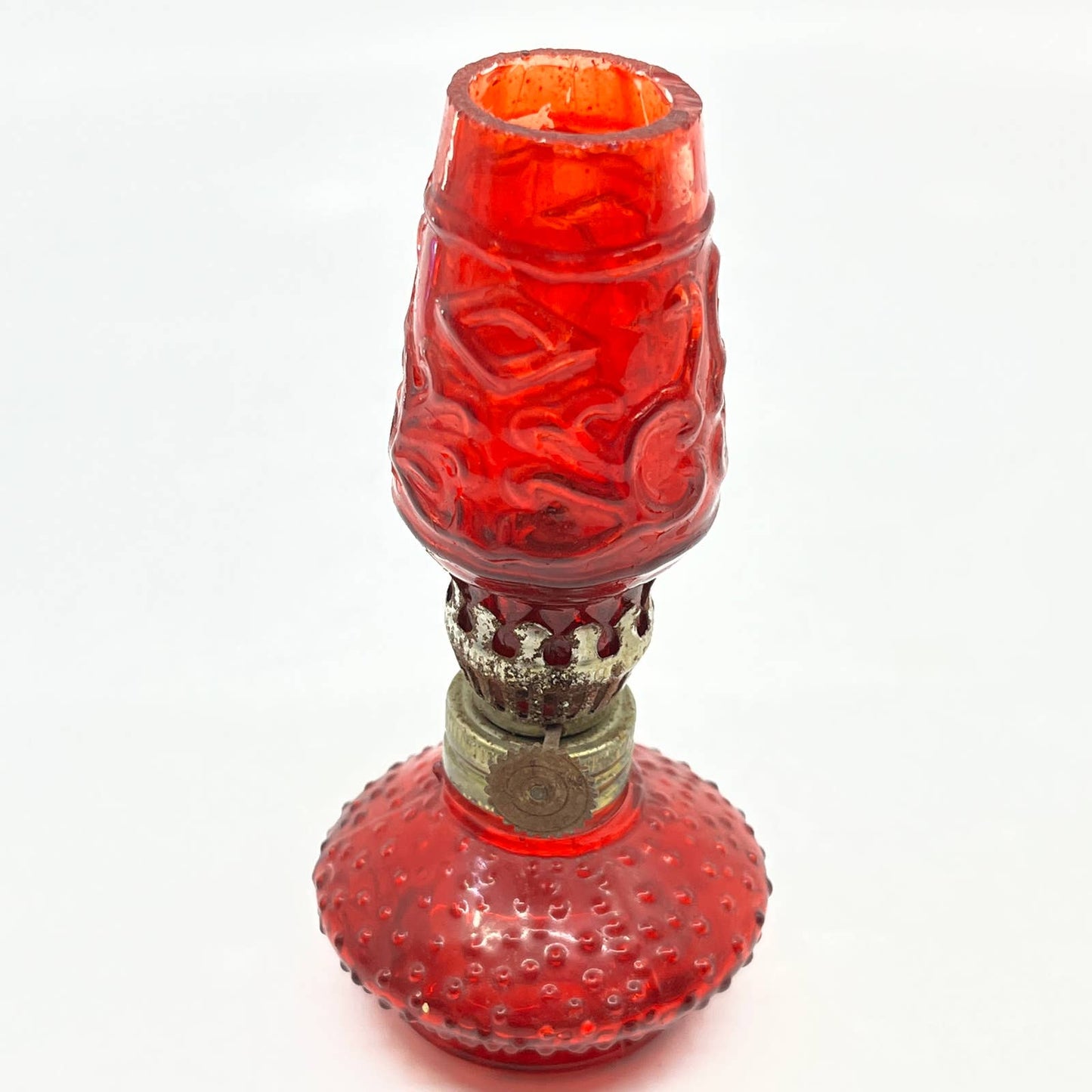 Vintage Mini Red Ruby Hobnail Glass Kerosene Oil Lamp 4.5" TC7