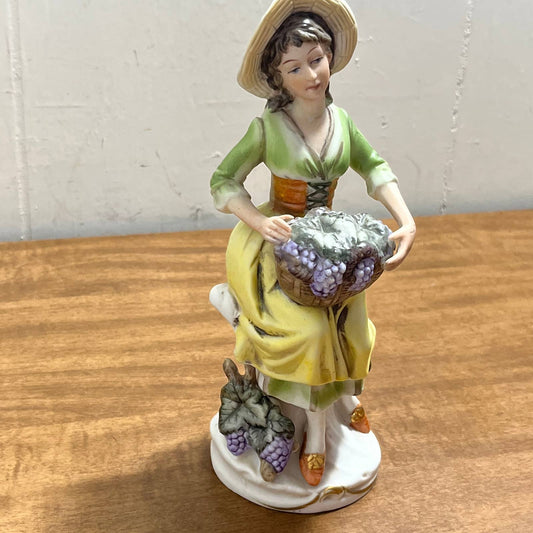 Vintage Enesco Retro Porcelain Figure of Lady with Basket of Grapes 8” TA5