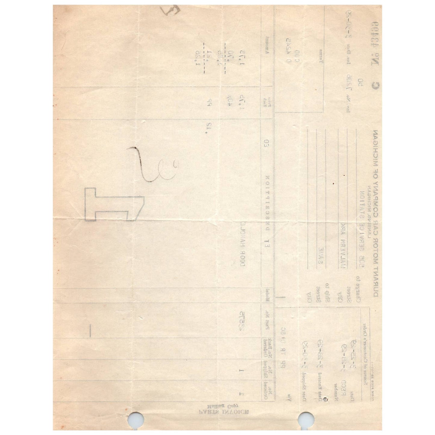 1929 3/30 Durant Motor Car Company Lansing MI Invoice Billhead Auto Parts AC9