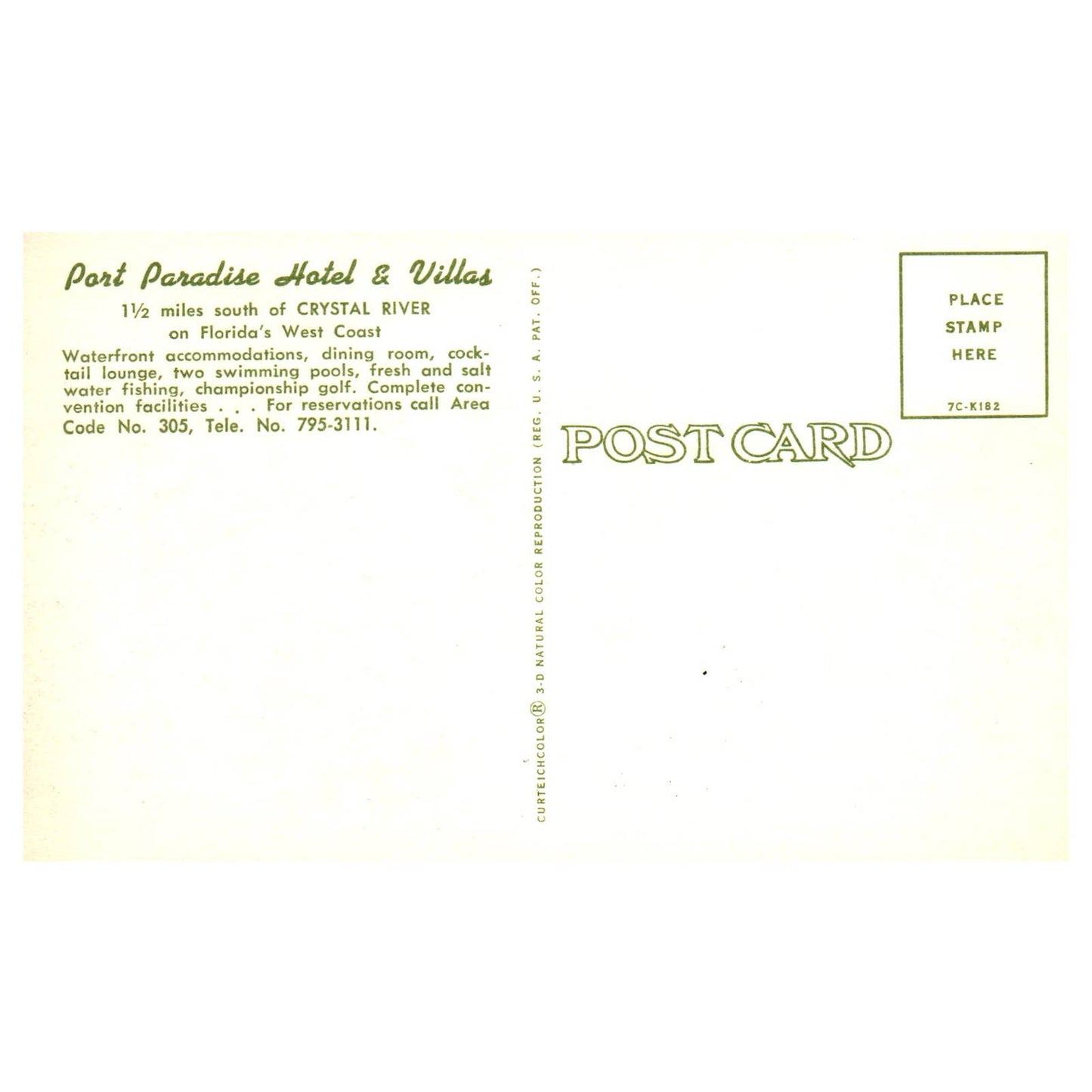 Vintage Postcard - Port Paradise Hotel & Villas Crystal River Florida TJ7-1