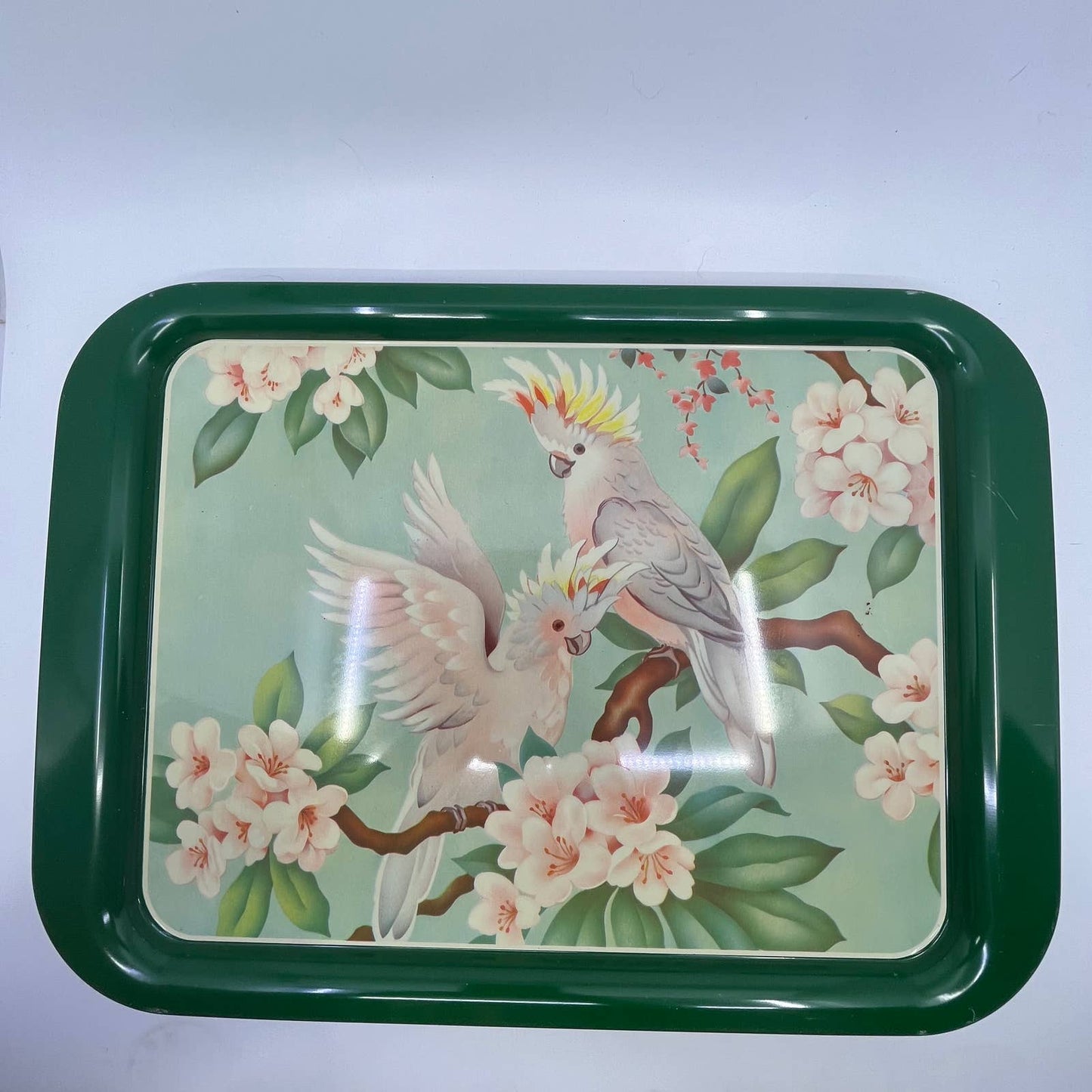 1950's Set of 4 MCM Cockatiel Tropical Toleware Tin Litho Trays 17.5 x 13” TH9-1