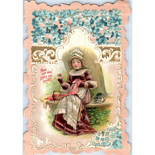 1905 Victorian Die Cut Greeting Card Forget Me Not Woman With Cat SE3-3