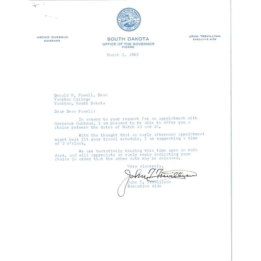 South Dakota Governor Archie Gubbrud Letterhead Memo March 2, 1963 TK1-P4