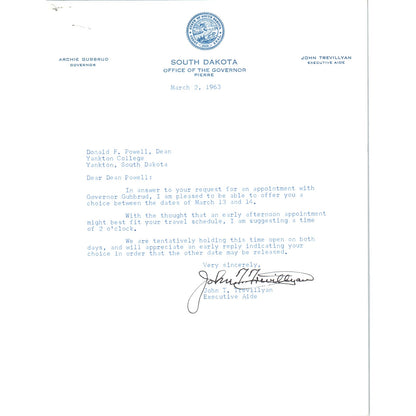 South Dakota Governor Archie Gubbrud Letterhead Memo March 2, 1963 B10