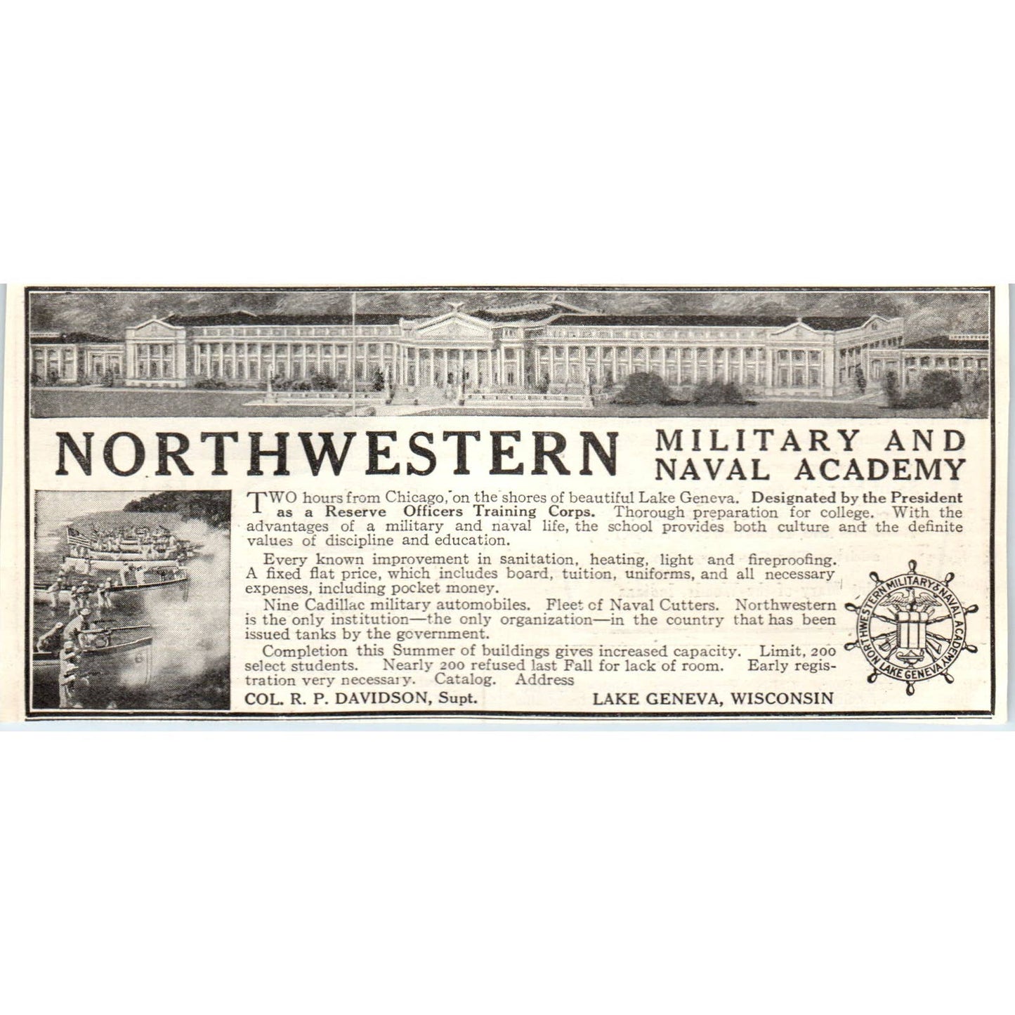 c1920 Harper's Ad - Northwestern Military and Naval Academy Lake Geneva WI EA3