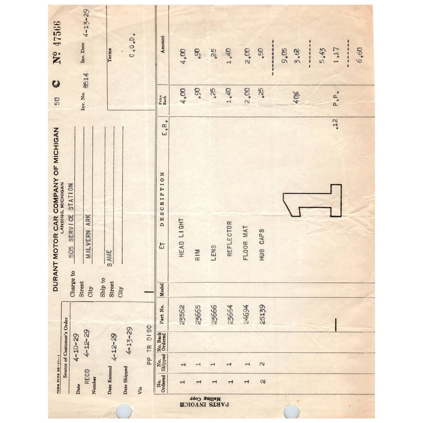 1929 4/13 Durant Motor Car Company Lansing MI Invoice Billhead Auto Parts AC9