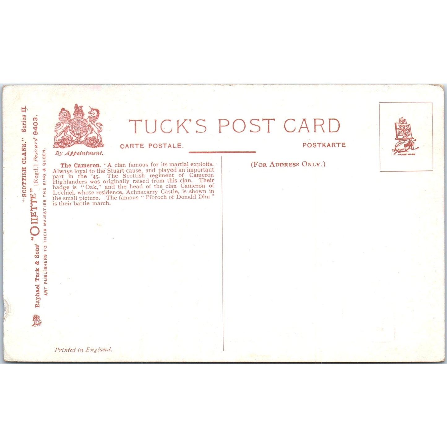 Scottish Clans The Cameron Raphael Tuck Oilette Original Postcard P2-12