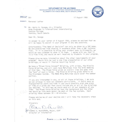 Department of the Air Force Letterhead Memo Maj. Thomas H. McKiernan 1966 B16