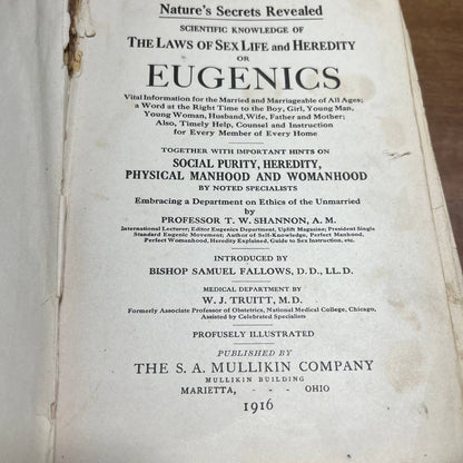 Eugenics The Laws of Sex Life and Heredity By Dr. W.J. Truitt 1916 TH8